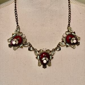 Vintage Mixed Crystal Statement Bib Necklace Magenta Rhinestone Milk Glass bees